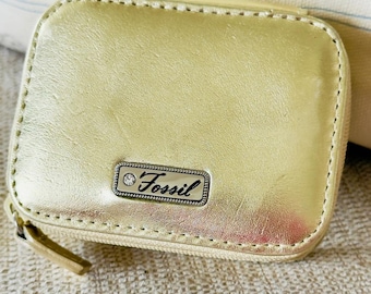 Organizador de joias ou comprimidos pequeno com zíper em couro metálico dourado Fossil Vintage