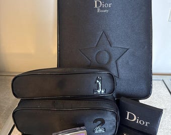 Christian Dior Beauty Vanity Pouch Cosmetic 3 Pc Set Black Satin Star Rosy Glow