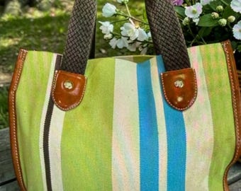 Bolsa tote vintage Kate Spade New York Cabana Stripe em lona verde