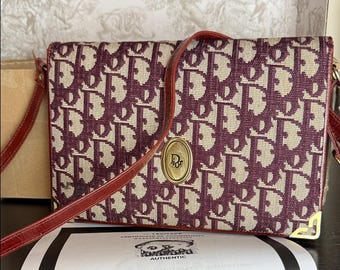 Christian Dior Trotter Oblique-schoudertas met klep bordeauxrood leer canvas VTG COA