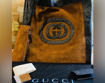 Bolsa tote de ombro Gucci Ophelia preta e marrom com logo em camurça, nova com etiqueta e na caixa.
