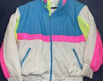 Vintage Jacket Womens Large Multicolor Nylon Windbreaker Full Zip Neon Ski 80s