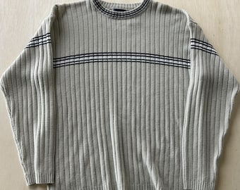 Y2K ピューリタン セーター メンズ ラージ グレー ストライプ リブ編み クルーネック プルオーバー カジュアル