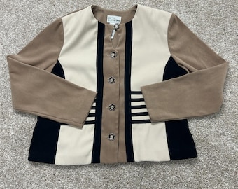 Vintage Perceptions Blazer Damen, Größe 12 Petite, hellbraun-schwarzer Colorblock, 5 Knöpfe