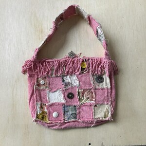 Y2K Patchwork Shoulder Bag Womens Medium Pink Cotton Fringe Boho Floral Button
