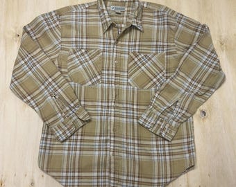 Vintage Haband Herrskjorta Mellanbeige Rutig Flanell Långärmad Knappknäppt