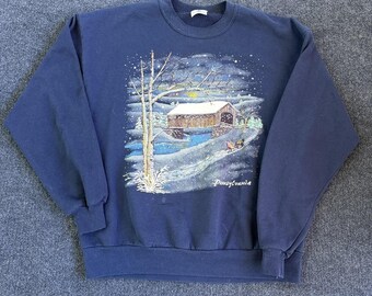 Vintage Jerzees Sweatshirt Mens XL Blue Pennsylvania Winter Graphic Fleece USA