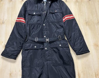 Traje de esquí vintage Fieldmaster para hombre, talla M, color negro, de nailon, con cinturón y capucha.