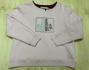 Vintage Sweatshirt Womens Medium Pink Fleece Winter Trees Snowflake Pullover