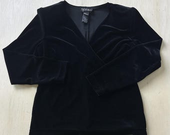 Vintage S.L. Fashions Blouse Womens 10 Black Velvet V Neck Long Sleeve Party Top