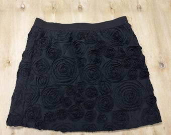 Y2K ELLE Skirt Womens M Black Rosette Floral A-Line Short Lined Cocktail Party