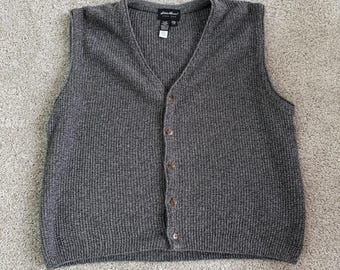 Vintage Eddie Bauer Sweater Vest Mens Large Gray Cotton Knit Button Front USA