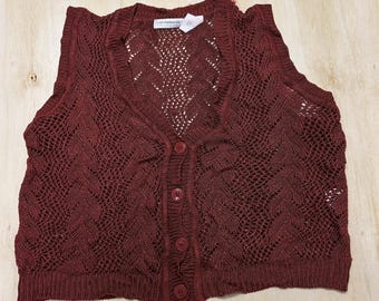 Vintage Liz Claiborne Sweater Vest Womens Small Red V Neck Open-Knit Button