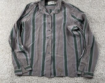 Vintage Tudor Square Button Up Shirt Womens 10 Green Stripe Long Sleeve Top