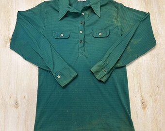 Vintage Polo Shirt Mens Medium Green Nylon Long Sleeve Double Pocket Knit