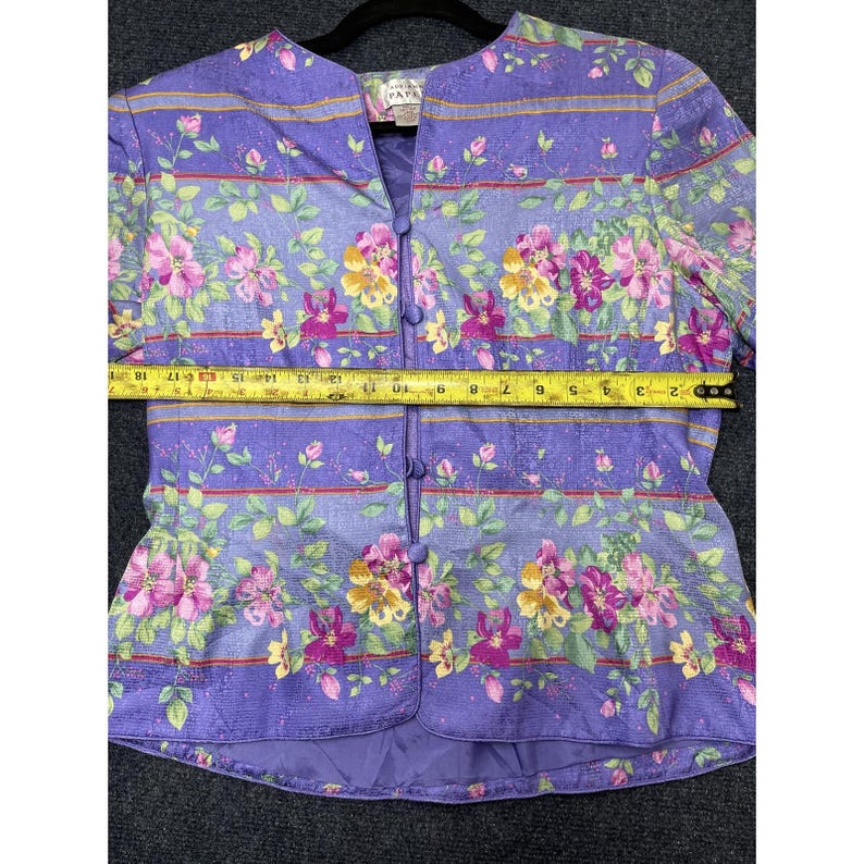 Vintage Adrianna Papell Blouse Womens 12 Purple Silk Floral Short Sleeve Button image 5