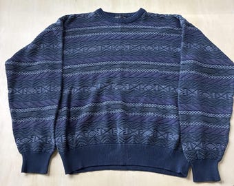 Vintage Claiborne Sweater Mens Large Blue Geometric Cotton Crewneck Tight Knit