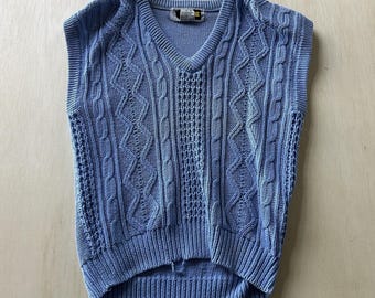 Vintage Ardour Pullover Weste Damen Kleine Blau Zopfmuster V-Ausschnitt Hong Kong 90er Jahre