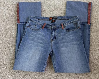 Jeans dritti da donna Y2K Premium Denim, taglia 13, lavaggio medio, strass, denim elasticizzato