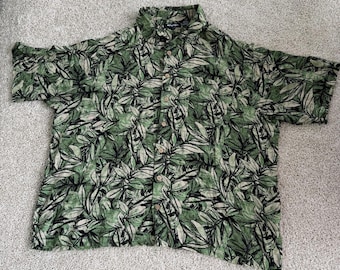 Camicia Puritan Vintage da uomo, taglia 2XL, verde, con stampa a foglie hawaiane, maniche corte, bottoni, in rayon