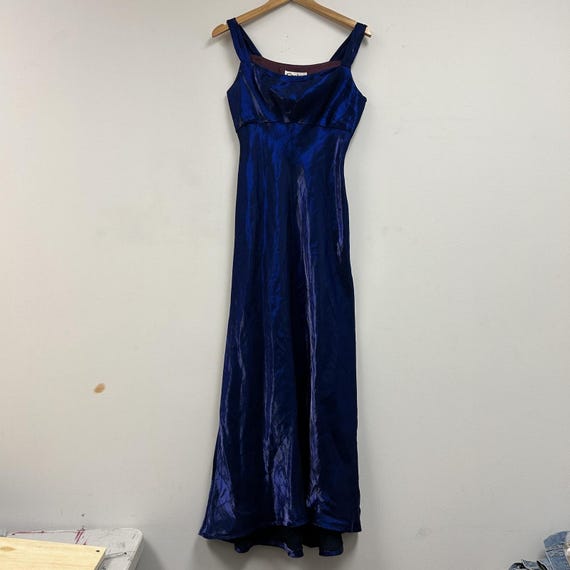 cachet formal dresses Vintage Dress Womens 8 Blue Satin Scoop Neck Maxi Sheath Evening 982