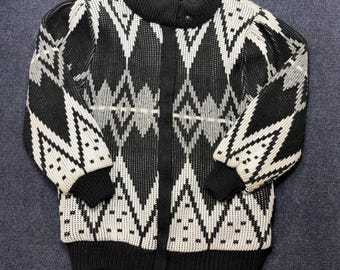 Vintage Sweater Mens Medium Black Full Zip Lined Aztec Geometric Knit Jacket