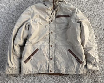 Vintage Woolrich Jacket Mens Large Beige Canvas Down Parka Full Zip USA Made