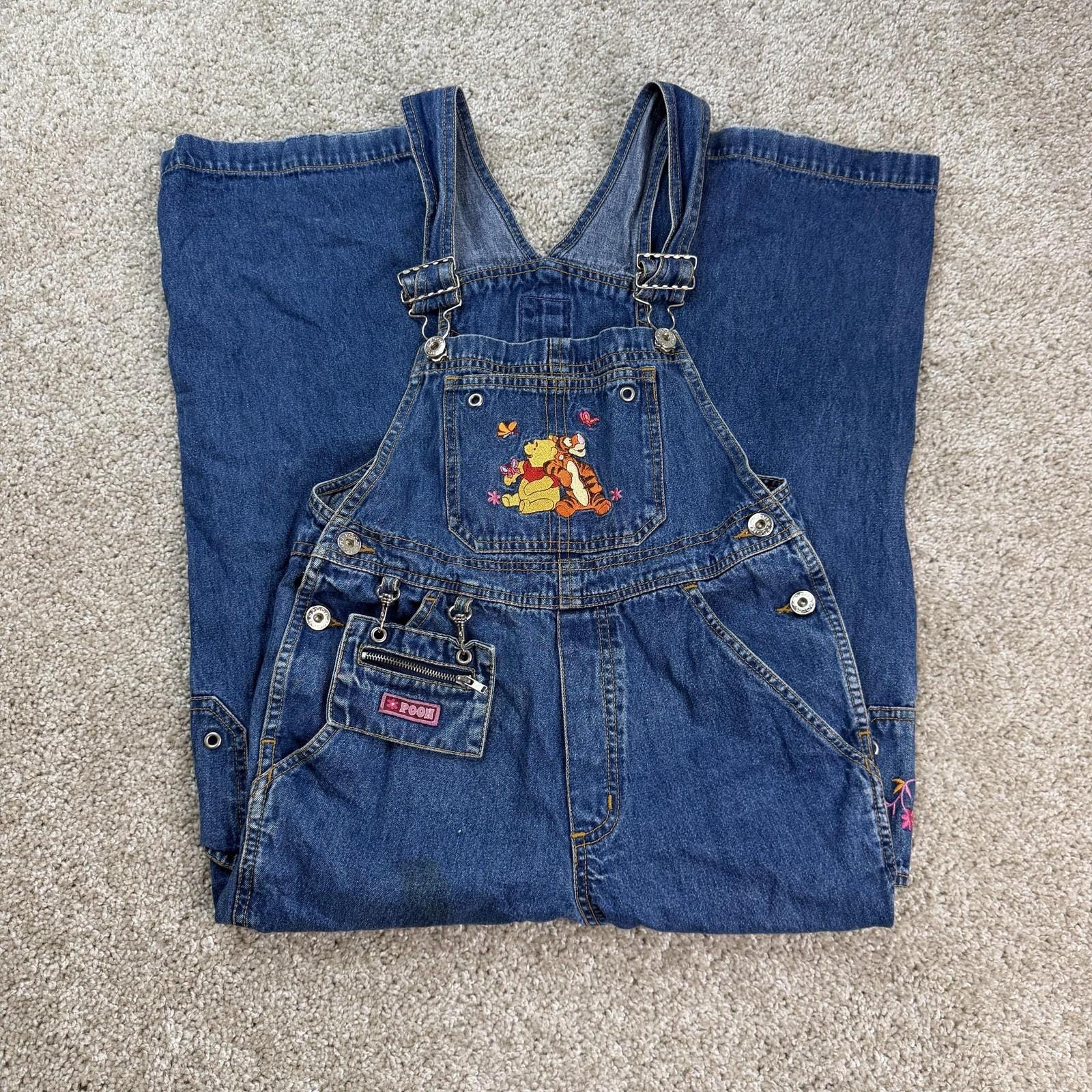 Vintage Winnie The Pooh Denim Overalls Jeans Kids 8 Blue Embroidered Straight