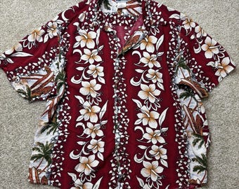 Camisa vintage sin atar para hombre, talla XL, roja, floral hawaiana, manga corta, con botones, ideal para la playa.