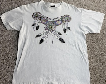 Camiseta Vintage Diamond Dust para hombre, talla grande, blanca, con purpurina, estampado de atrapasueños.