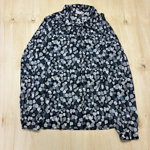 Vintage Graff Blouse Womens Large Black Floral Button Front Collared Long Sleeve