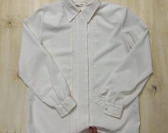 Blusa vintage Jaclyn Smith para mujer, talla 8, blanca, manga larga, cuello, botones delanteros.