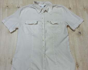 Vintage Casual Corner Blouse Womens 8 White Silk Collared Short Sleeve Button Up