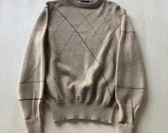 Vintage Arrow Sweater Mens Large Beige Argyle Tight Knit Crewneck Pullover