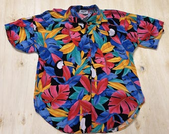 Vintage Krush Shirt Mens Large Multicolor Toucan Hawaiian Short Sleeve Button Up