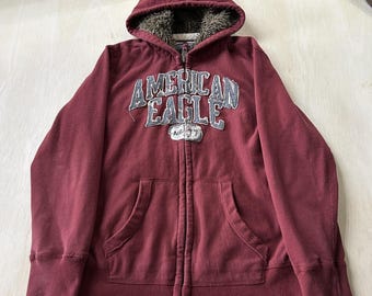 Sudadera con capucha Y2K American Eagle Outfitters para hombre, talla XL, color rojo, polar, cremallera, forro de sherpa, logo