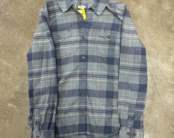 Camisa de franela abotonada Carhartt vintage Y2K azul gris a cuadros talla grande (12/14)