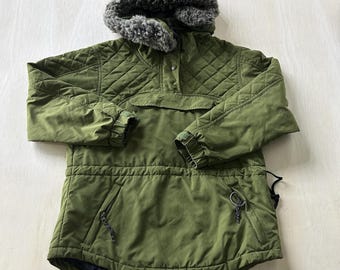 Vintage L.L. Bean Jacket Womens Petites Small Green Anorak Hooded Fur Trim Ski