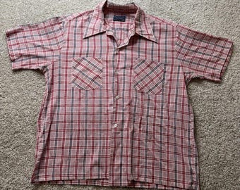 Vintage permanent pressskjorta herr stor röd rutig kortärmad knapp upp casual