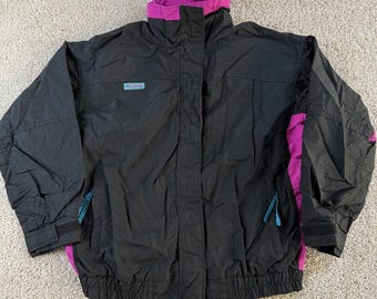 Chaqueta vintage Columbia para mujer, talla grande, de tafetán negro, para esquí, con cremallera completa y mangas radiales.