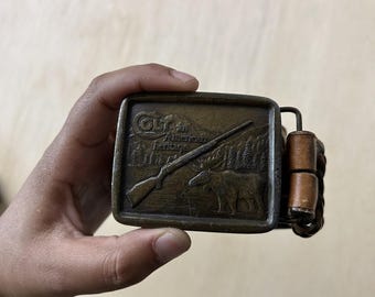 Vintage Colt Belt Mens Size 38" Brown Leather Western Moose Rifle Buckle 1975