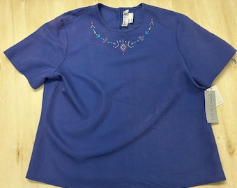 Vintage Nancy Bolen Shirt Womens 12 Blue Embroidered Crew Neck Short Sleeve Tee