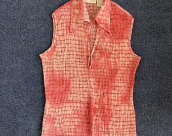 Vintage Caviar Shirt Womens Large Pink Geometric Pleated Sleeveless Zip Tank Top