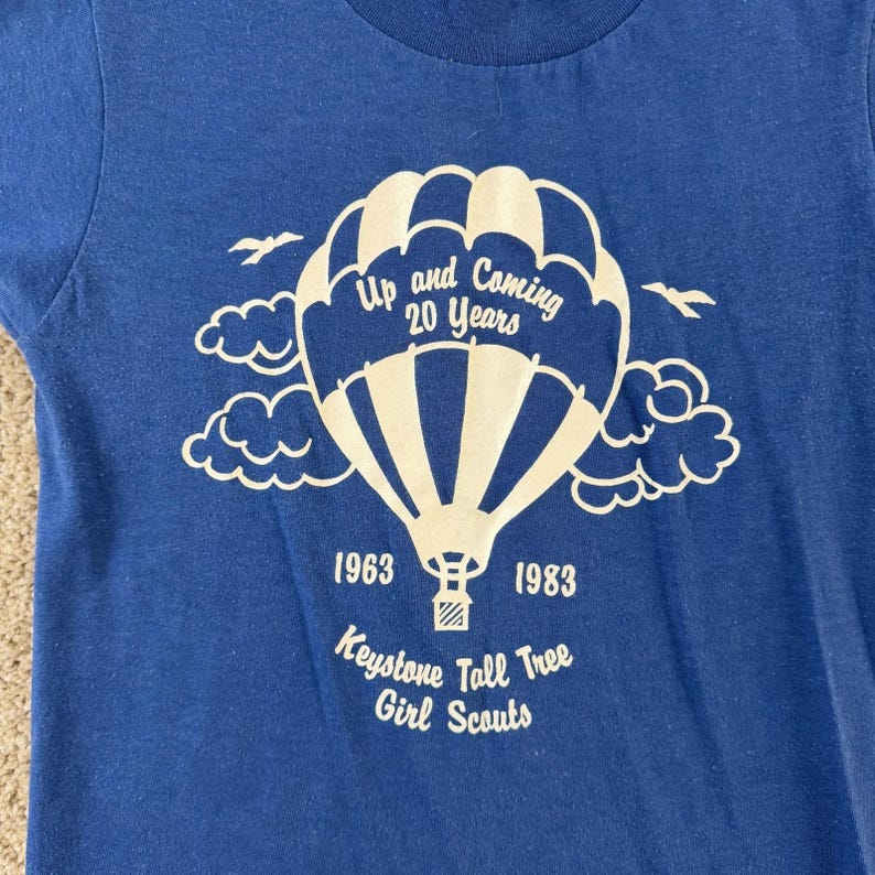 Vintage 80s Girl Scouts Velva Sheen Shirt Mens Small Blue Balloon Tee T-Shirt image 2