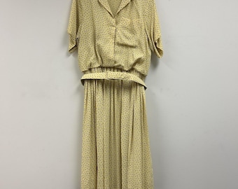 Vintage 80s Two Dee's Shirt Skirt Set Womens 16 Yellow Spotted Short Sleeve