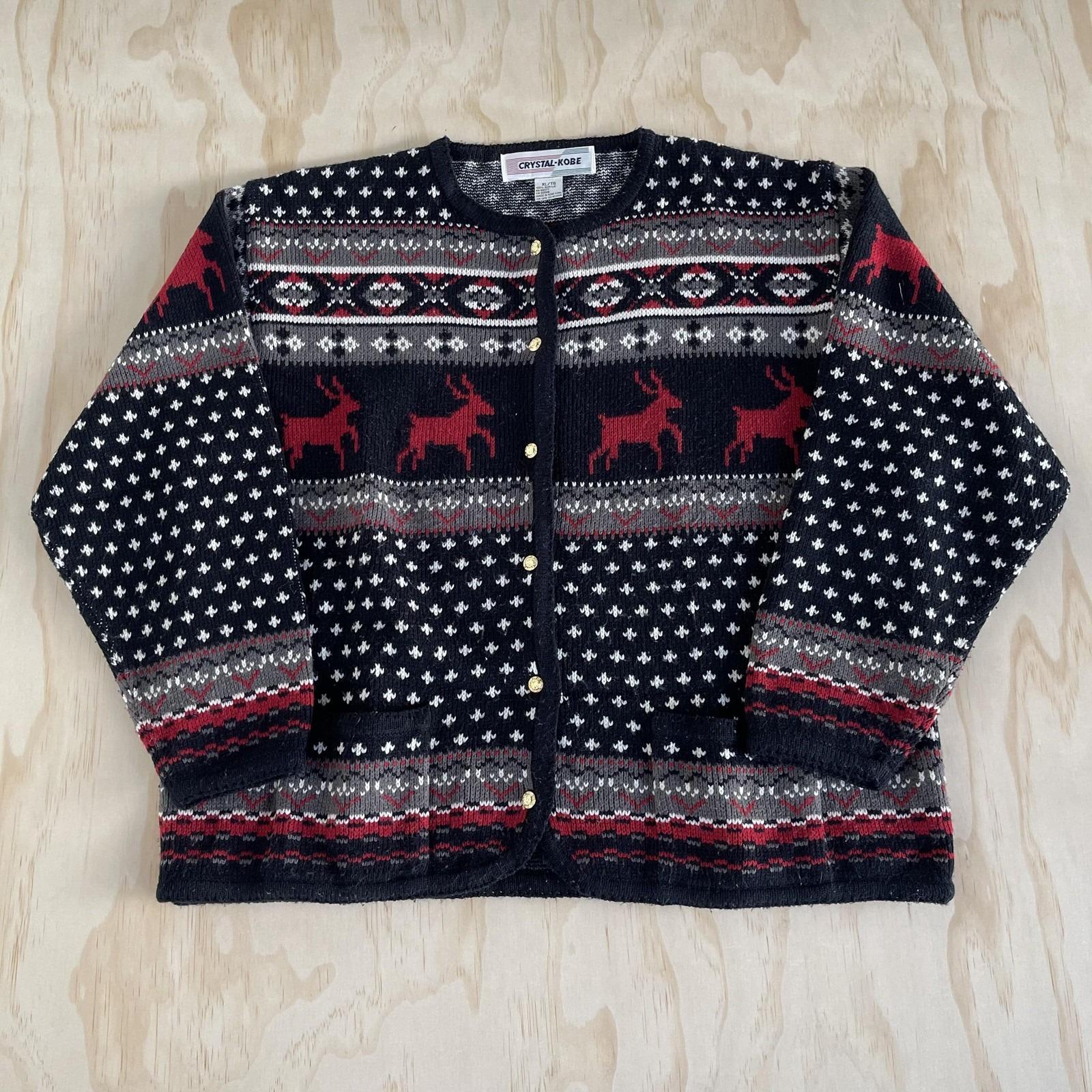 Vintage Crystal Kobe Cardigan Sweater Womens XL Black Reindeer Fair Isle Knit