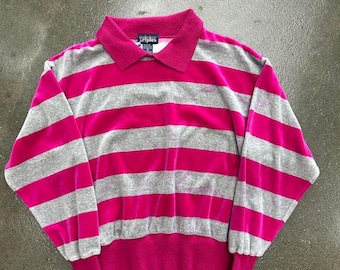 Vintage 90s Pink and Grey Striped Velvet Size Medium Polo Sweater