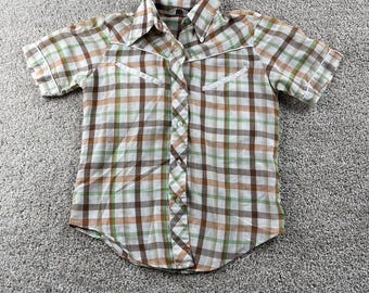 Vintage 70s Fruit Of The Loom Shirt Womens Medium Plaid Short Sleeve Top Casual