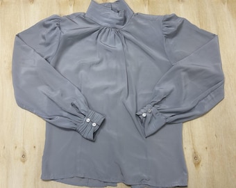 Vintage Michelle Stuart Blouse Womens Medium Gray Satin Mock Neck Puff Sleeve