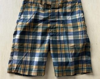 Vintage 80s Chino Shorts Mens 28 Blue Plaid Flat Front 8" Inseam Casual Summer
